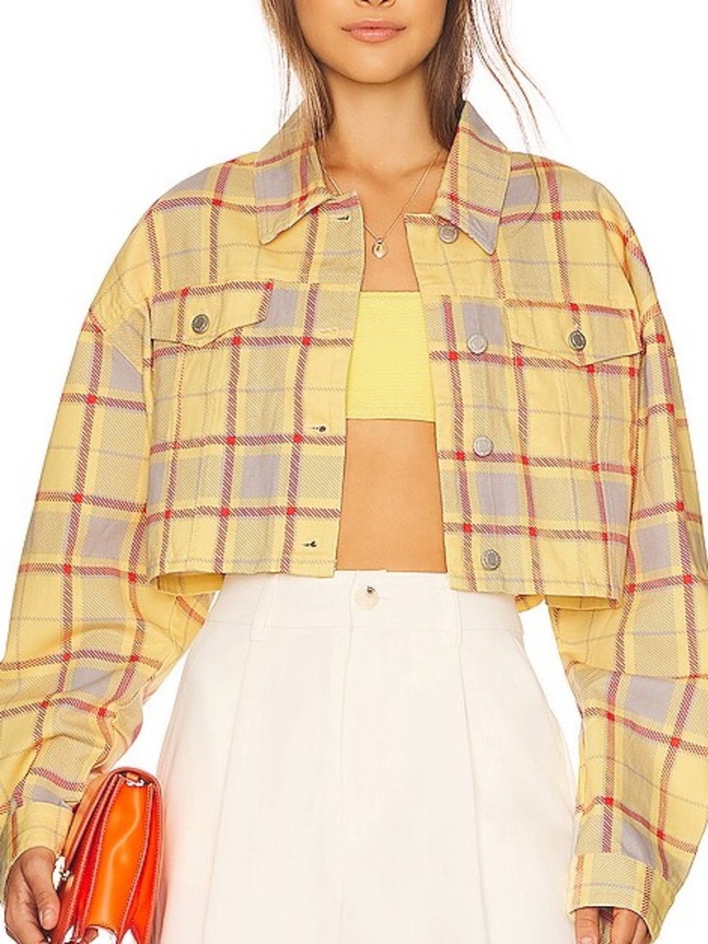 WeWoreWhat Yellow Plaid Cropped Denim Jacket Red Gray M/L
